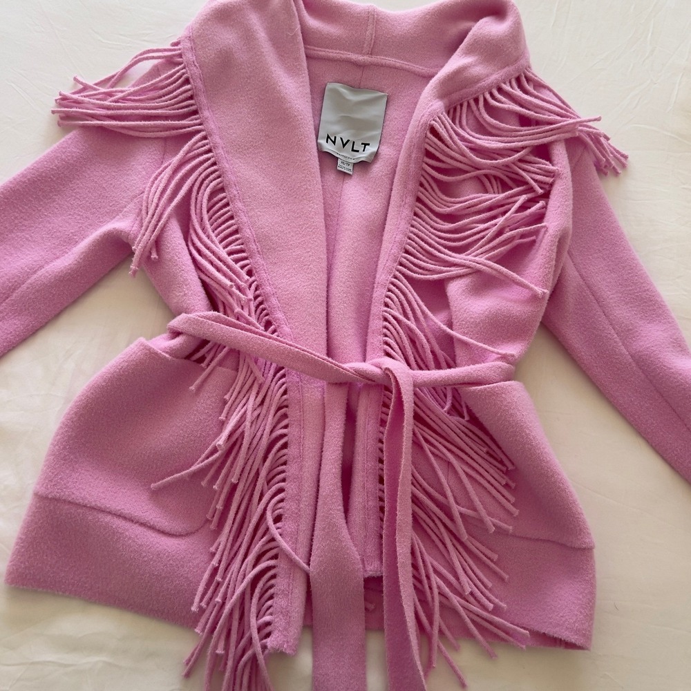 NVLT Pink Fringe Belted Cardigan Sweater Shawl Collar Open Front Jacket XS
